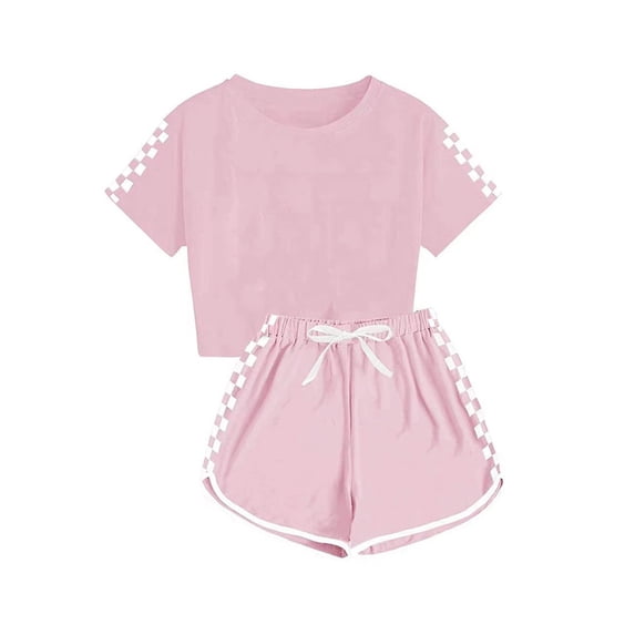 SYMOID Girls Checkered Short Sleeve Crop Top and Gym Shorts Two Piece Outfit Set,Pink,Size 5 T