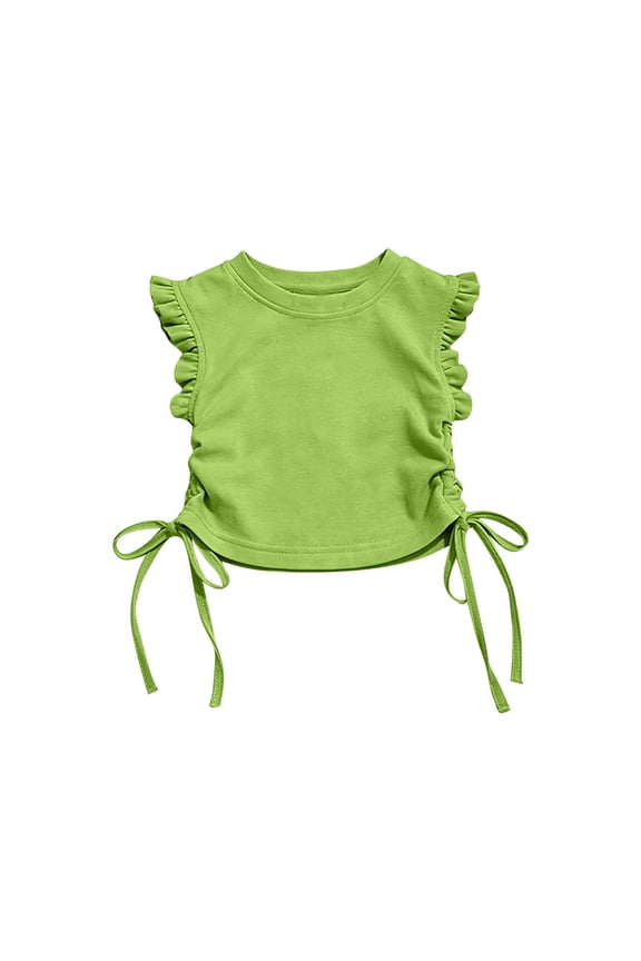 Girls Crop Top Ruffle Sleeve Drawstring Kids Little Girls Summer Tops Kids Casual Blouse Soft Polyester Adjustable Side Ruched Shirt Green,Size 5-6 T