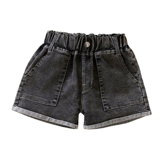 SYMOID Girls Denim Chino Shorts Size 10-12 with Elastic Waist & Frayed Hem - Washed-Out Casual Summer Shorts,Black,Size 9-10 T