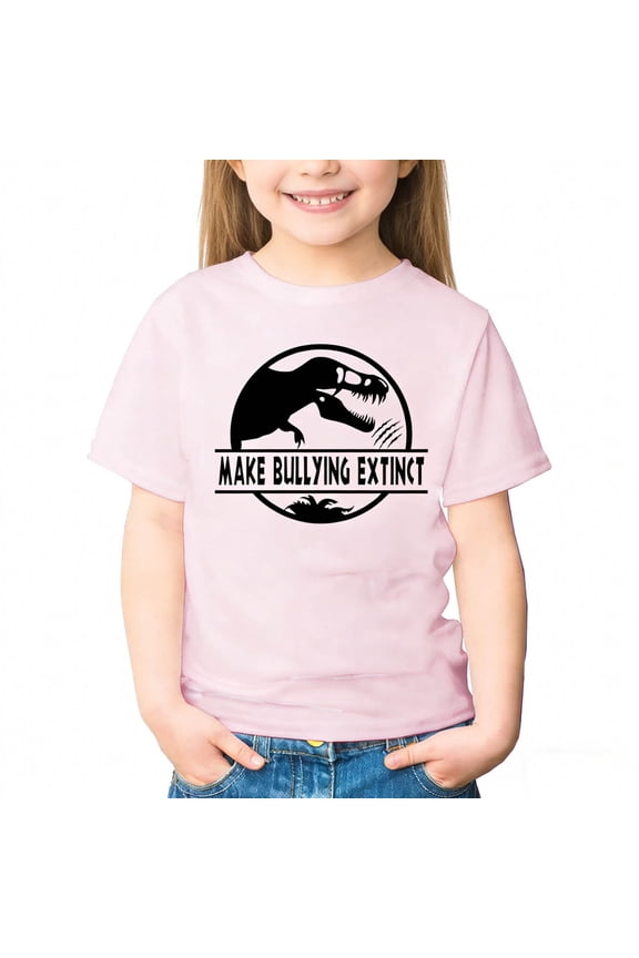 Girls Dinosaur Shirt Make Bullying Extinct Cute T-Rex Graphic Tee Pink Short Sleeve Crewneck Soft Stretchy Top Kids Clothes,Size 12-13T