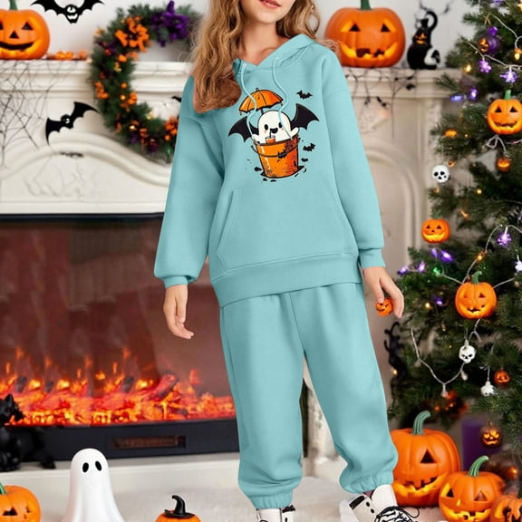 SYMOID Girls' Hall-oween Tracksuit Set - Light Blue Polyester Hoodie & Jogger Pants, Sizes 100-160,Size 12 T