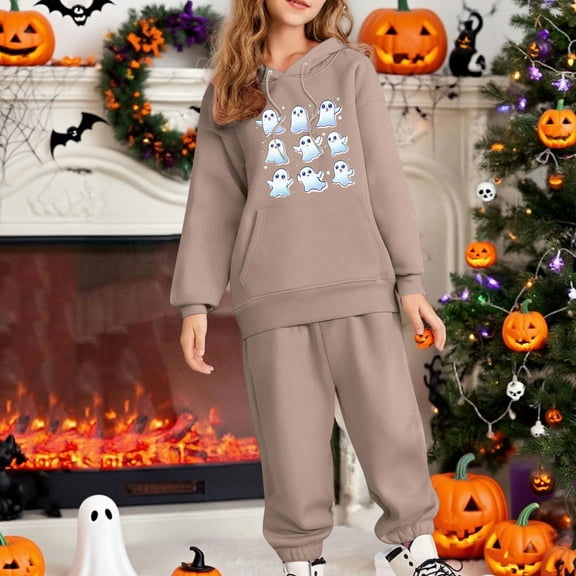 SYMOID Girls Khaki Ghost Print Hoodie & Jogger Set - Soft Polyester, Machine Washable, Casual Sporty 2-Piece Outfit for Kids 2-14 Years (Sizes 100-160),Size 2 T
