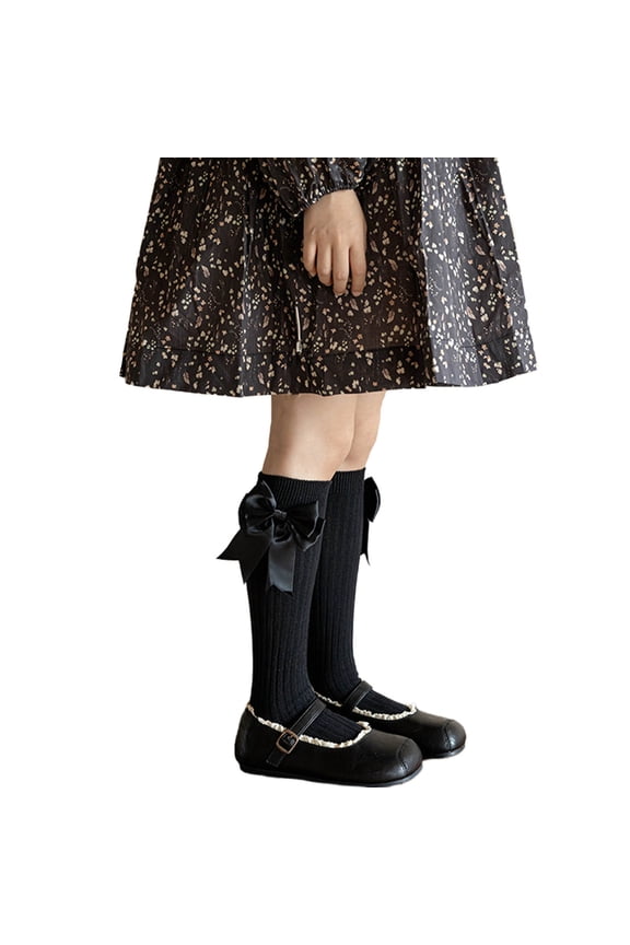 Girls Mid Calf Socks - Black Knit Cotton with Satin Bow, Stretchy for 4-8 Years Old (140cm Height), Comfortable for Daily/School/Party Wear,Size 6-14T