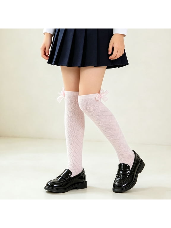 Girls Over-the-Knee Cotton Socks with Satin Bows, School Uniform for Ages 3-8 Pink