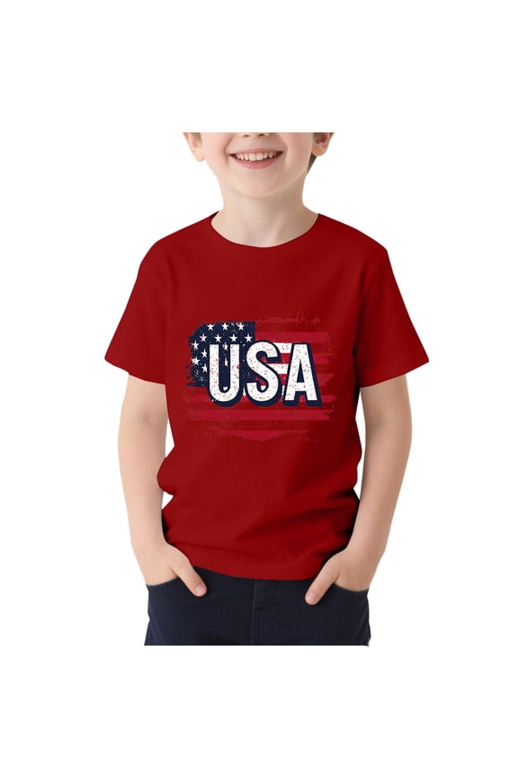 Girls Red American Flag T-Shirt USA Patriotic Kids 4th of July Shirt Youth Distressed Vintage Tee Soft Stretchy Polyester Spandex Blend,Size 12-13T