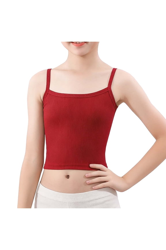 Girls Ribbed Crop Top Square Neck Spaghetti Strap Soft Stretchy Breathable Comfortable Basic Camisole for Teen Girls Big Kids Summer Layering Red,Size 9-10T