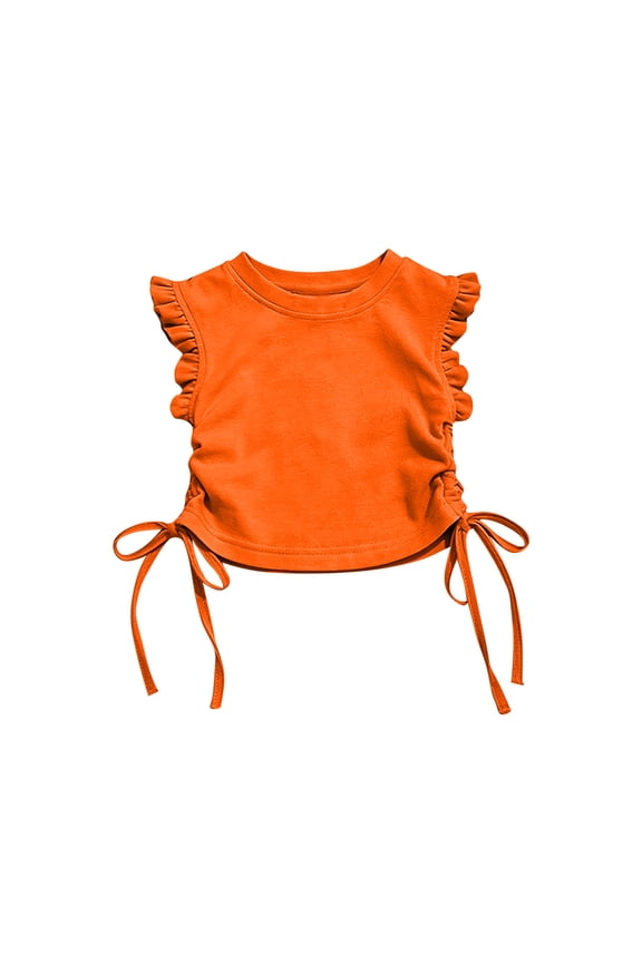 Girls Ruffle Sleeve Crop Top with Drawstring for Kids Little Girls Summer Casual Soft Polyester Side Ruched Blouse Adjustable Fit Orange,Size 9-10 T