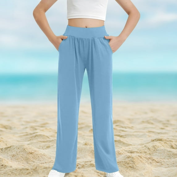 SYMOID Girls' Solid Color High - Waisted Wide - Leg Pants for 2 - 13 Years Old,Blue,Size 5 T