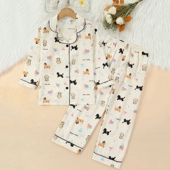 SYMOID Girls' Sweatshirt Set (4-8Y) - Dog Print, Soft Stretch Polyester-Spandex, Long Sleeve, Multicolor Kids Shirts,Size 6 T