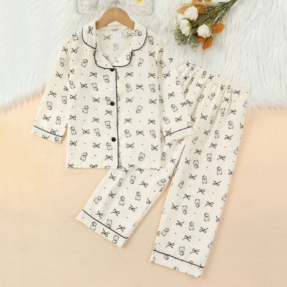 SYMOID Girls' Sweatshirt Set 4-9 Years, Soft Long Sleeve Shirts with Teddy Bear & Bow Prints, Multicolor Cream Black, Button-Down Top & Elastic Waist Pants, Kids Tops,Size 6 T