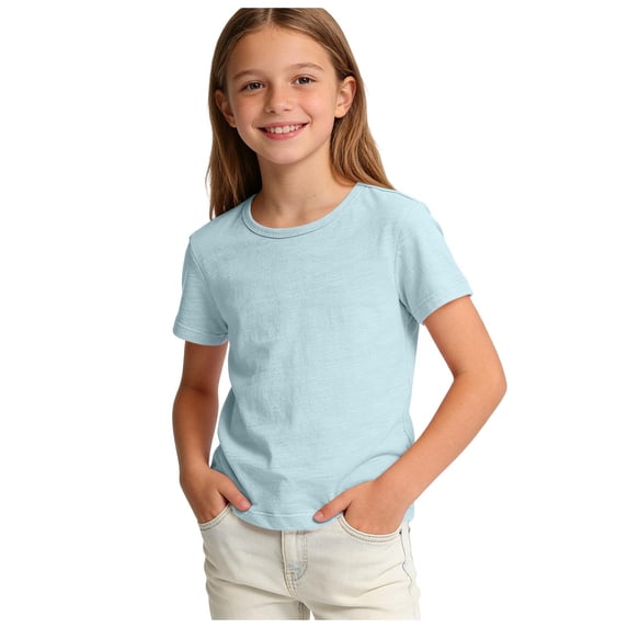 SYMOID Girls T-Shirts Short Sleeve Crew Neck 100% Cotton Soft Breathable Solid Light Blue Tee Tops Everyday Playwear,Size 4-5 T