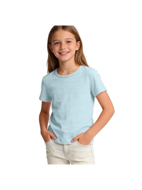 Girls T-Shirts Short Sleeve Crew Neck 100% Cotton Soft Breathable Solid Light Blue Tee Tops Everyday Playwear,Size 5-6 T