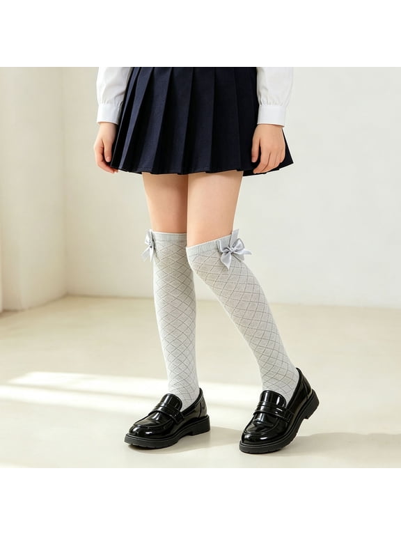 Girls Thigh High Cotton Socks with Satin Bows, School Uniform Over-the-Knee for Ages 3-8 Gray