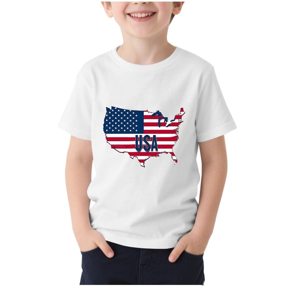 SYMOID Girls White American Flag USA Map T-Shirt Patriotic 4th of July Short Sleeve Top for Kids Independence Day Memorial Day School Casual Wear,Size 5-6T