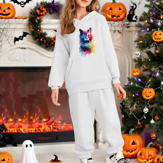 SYMOID Girls' White Tracksuit Set - Soft Polyester Hoodie & Joggers with Cute Cat Graphic, Adjustable Hood, Elastic Waist for 3-12 Year Olds,Size 6 T