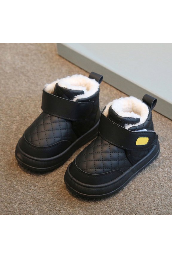 Girls Winter Warm Fleece Lined Boots - 100% Polyester Mid-Top Quilted Velcro Closure Slip Resistant Shoes for Kidss 2-8 Years Old, Black,Size 21
