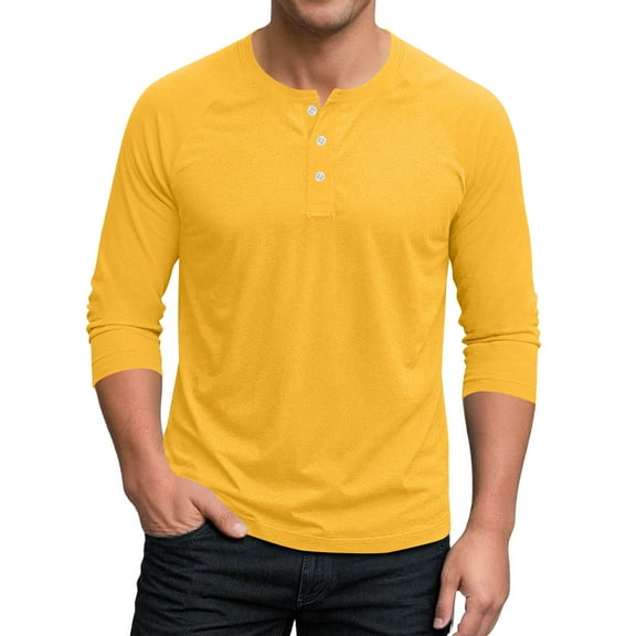 SYMOID Gold Mens Comfortable Henley Shirt - 95% Polyester 5% Spandex, Three-Quarter Raglan Sleeves, Wrinkle Resistant, S-XXXL,Size XL