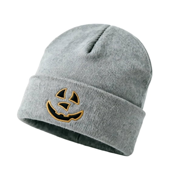 SYMOID Gray Knit Beanie, Hall-oween Pumpkin Face Embroidered Cuffed, Acrylic Winter Skull Cap for Men Women Hats,Size Free Size