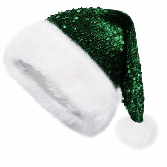SYMOID Green Sequin Santa Hat with White Faux Faux Fur Trim and Pom-Pom, One Size Adult Christmas Holiday Hat, 1 Pack Hats,Size Free Size