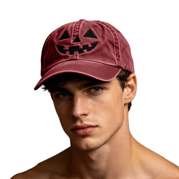 SYMOID Hall-oween Dad Hat with Embroidered Pumpkin Face, Washed Cotton Adjustable Baseball Cap for Men Women Wine Hats,Size Free Size