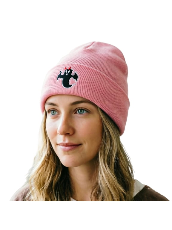 Hall-oween Embroidered Devil Ghost Knit Beanie, Pink Cuffed Winter Skull Cap for Unisex Hats,Size Free Size