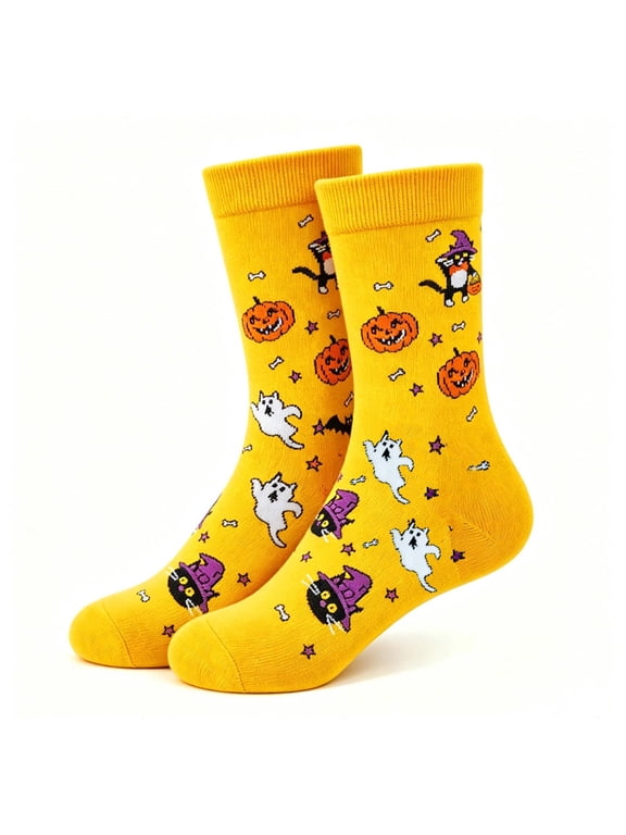 Hall-oween Novelty Crew Socks for Women-Yellow Pumpkin Ghost Witch Cat Fall Party Socks,Size Free Size