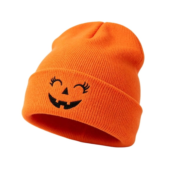 SYMOID Hall-oween Pumpkin Embroidered Beanie Womens Orange Knit Cuffed Winter Hats,Size Free Size