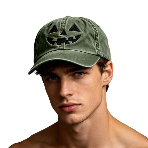 SYMOID Hall-oween Pumpkin Face Embroidered Dad Hat, Washed Cotton Adjustable Baseball Cap for Men Women Army Green Hats,Size Free Size
