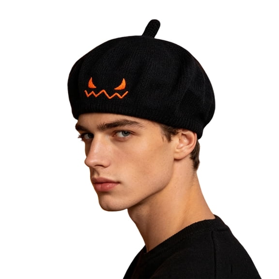 SYMOID Hall-oween Pumpkin Face Embroidered Knit Beret Hat for Adults Unisex Black Fall Party Costume Accessory Hats,Size Free Size