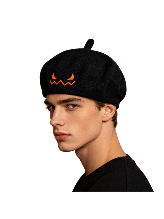 Hall-oween Pumpkin Face Embroidered Knit Beret Hat for Adults Unisex Black Fall Party Costume Accessory Hats,Size Free Size