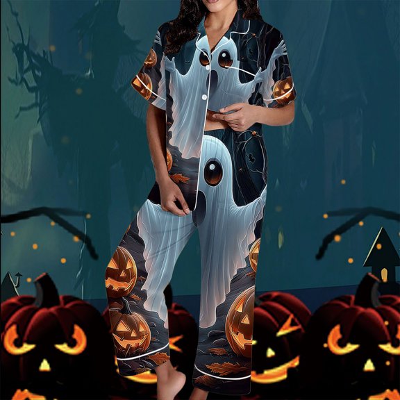 SYMOID Hall-oween Womens Pajamas 2 Piece Set - Navy, Short Sleeve Top & Long Pants, Ghost Pumpkin Print, Soft Stretch, S-XXXL,Size S