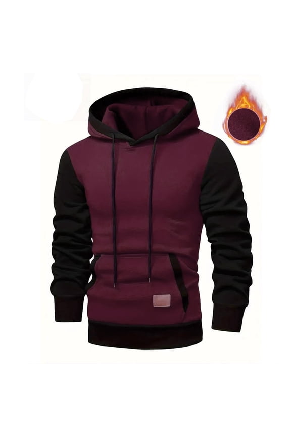 Hooded Sweatshirt Men Fall and Winter Wine Sweatshirt Pullover with Pocket Clothes for Men Color Blocking