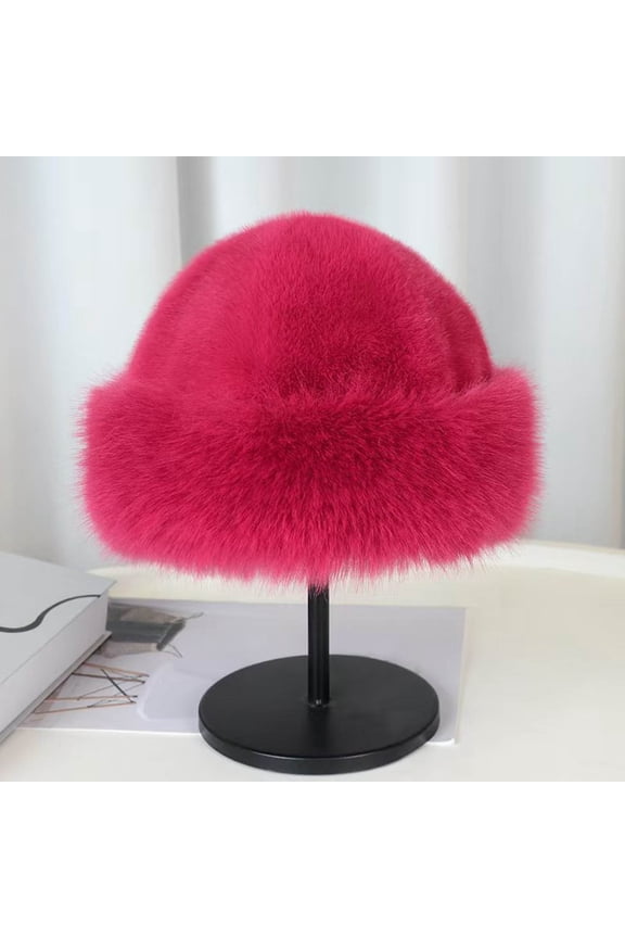 Hot Pink Faux Faux Fur Bucket Hat for Women - Winter Warm Soft Polyester Hat, One Size Fits Most, Stylish Retro Headwear for Cold Weather & Casual Outings,Size Free Size