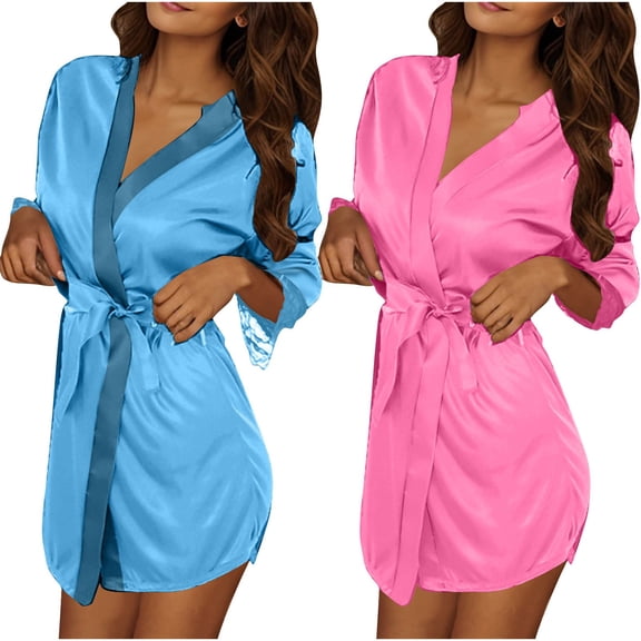 SYMOID Hot Pink Satin Kimono Robe for Women 3/4 Sleeve Short Wrap V-Neck Tie Waist 2 Pack,Size Free Size
