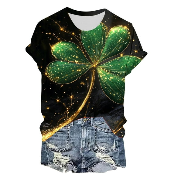 SYMOID Irish Festival Top Shirts for Juniors Women Green Shamrock Graphic Girls Tee Shirts,Short Sleeve,Crew Neck,Black,Size L