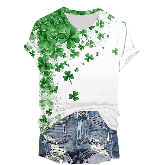 SYMOID Irish Festival Top Shirts for Juniors Women Green Shamrock Graphic Girls Tee Shirts,Short Sleeve,Crew Neck,White,Size L