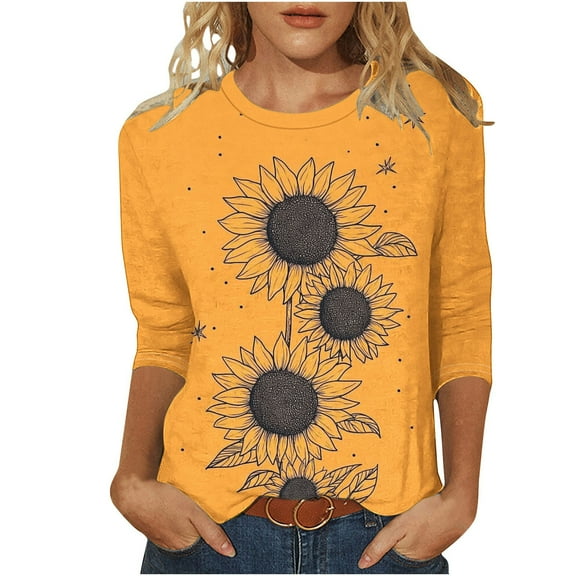 SYMOID Juniors Graphic Tees for Summer 2025 Casual 3/4 Sleeve Women Crew Neck T-Shirts Top,Yellow,Size S
