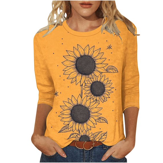 SYMOID Juniors Graphic Tees for Summer Casual 3/4 Sleeve Women Crew Neck T-Shirts Top,Yellow,Size S
