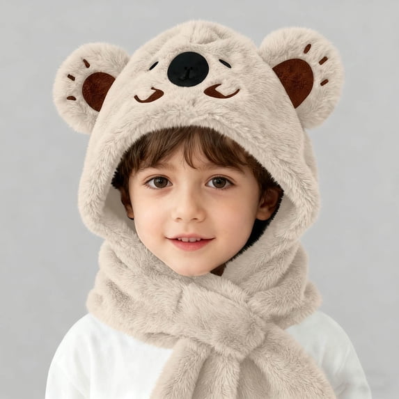 SYMOID Kids 6 Month Koala Hooded Scarf, Unisex Warm Nylon-Spandex Blend Plush Scarf Hood, White All-in-One Kids Winter Cold Weather Accessory,Size 2 T