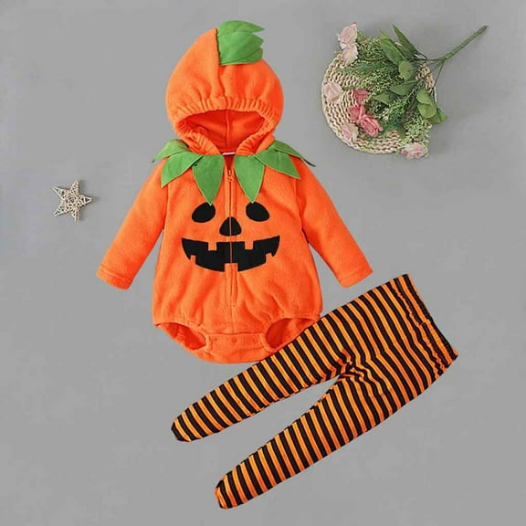 SYMOID Kids Boy Pumpkin Hall-oween Costume Set 2-Piece Orange Outfit with Hooded Top & Striped Pants for Kidss 3-24 Months,Size 18 Months
