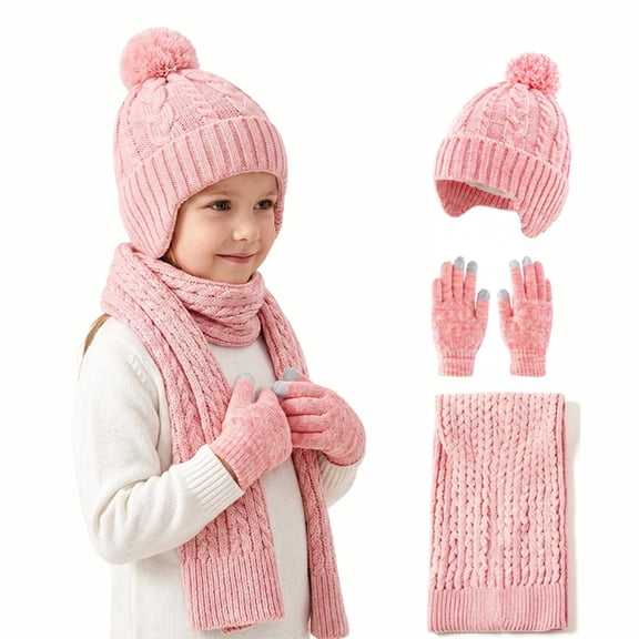 SYMOID Kids Cable Knit Winter Hat Scarf Gloves Set, 3-Piece Touch Screen Pink Pom Pom Beanie for Boys Girls,Size Free Size