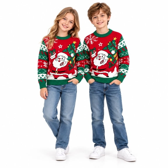 SYMOID Kids Christmas Sweater Santa Knit Pullover for Boys Girls Red Crew Neck,Size 5T,1PC