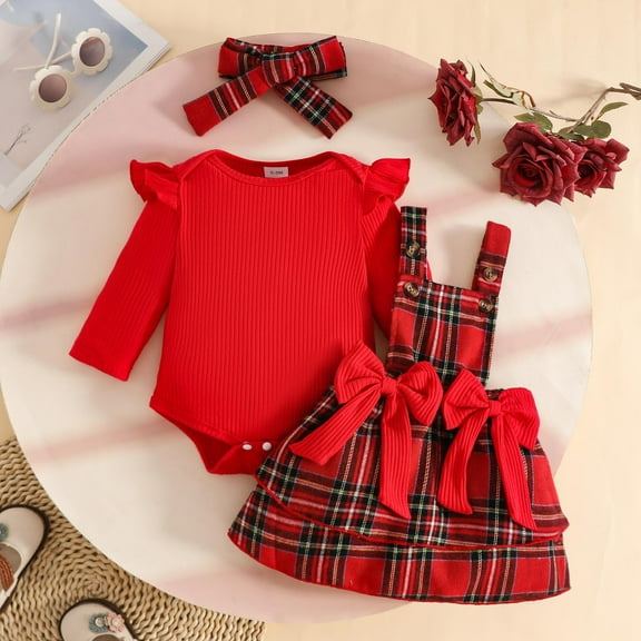 SYMOID Kids Girl 3-Piece Outfit Set: 100% Cotton Long-Sleeve Ribbed Onesie + Plaid Overall Skirt + Matching Bow Headband, Red, Newborn to 2T, Soft Breathable,Size 3 Months