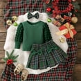 thumbnail image 1 of SYMOID Kids Girl Christmas Outfit Set - 3-Piece Green Knit Cotton Top, Plaid Pleated Skirt & Bow Headband, Soft Breathable for 6-24 Months Kids Holiday/Fall Winter Wear,Size 18 Months, 1 of 8