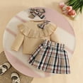 thumbnail image 1 of SYMOID Kids Girl Khaki 3-Piece Outfit Set - Soft Cotton Top with Ruffles, Plaid Skirt & Matching Bow Headband, Sweet Preppy Style for 6-36 Months,Size 12 Months, 1 of 9