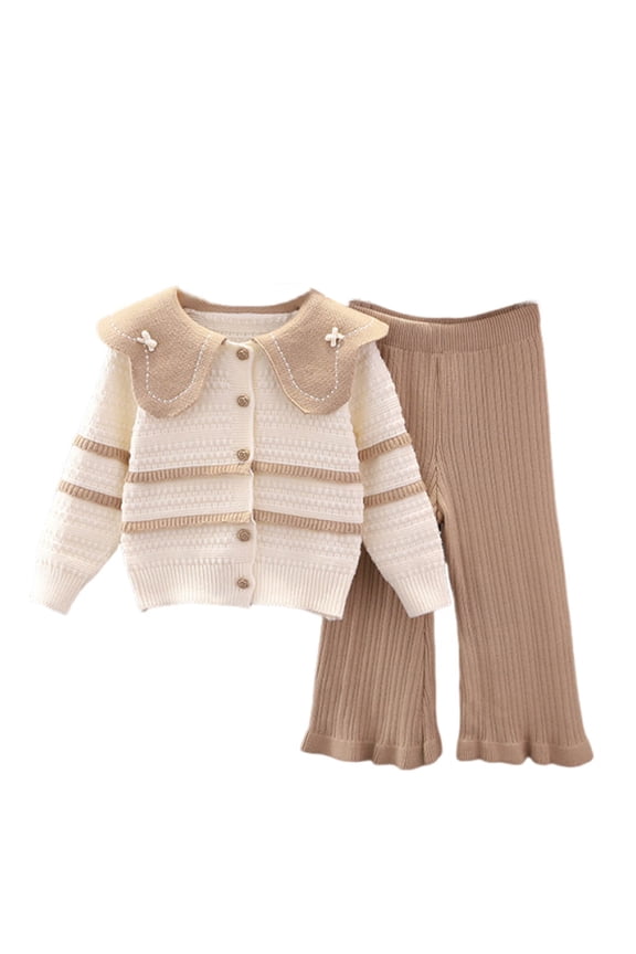 Kids Girl Knit 2-Piece Set - Soft Polyester Vintage Cardigan & Flare Pants, 1-8 Years (Sizes 90-130), Beige for Girls,Size 2-3T