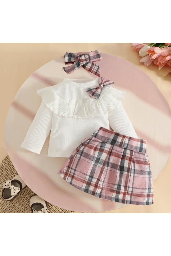Kids Girl Pink 3-Piece Outfit Set - Soft Cotton Top with Ruffles, Plaid Skirt & Matching Bow Headband, Sweet Preppy Style for 6-36 Months,Size 6 Months