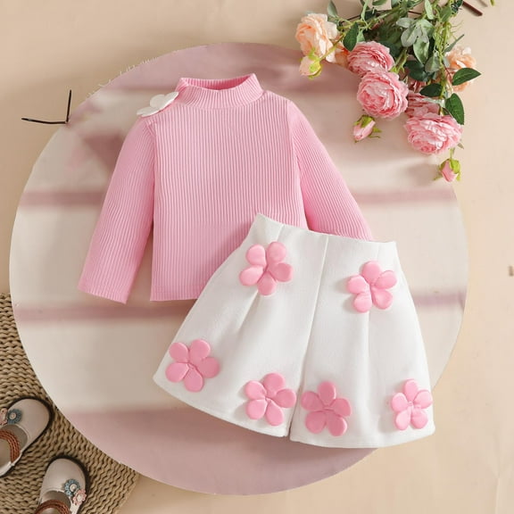 SYMOID Kids Girl Pink Cotton 2-Piece Outfit Set: Long Sleeve Mock Neck Top & Skirt with 3D Flowers, Skin-Friendly for 6-48 Months Kidss,Size 6 Months