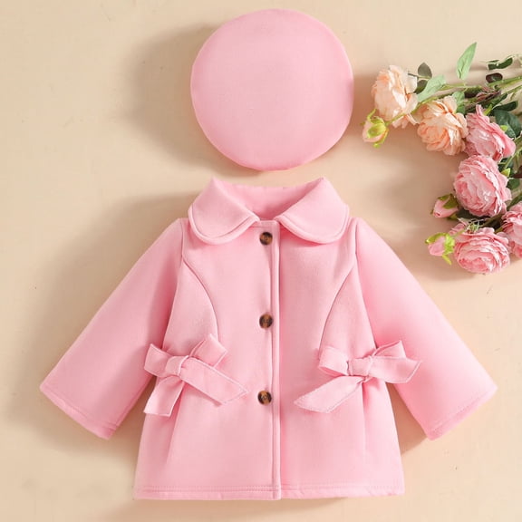 SYMOID Kids Girl Pink Wool Polyester Blend Coat & Beret Hat Set - Warm Breathable Winter Outerwear with Peter Pan Collar, 6 Months-3 Years,Size 1-2T