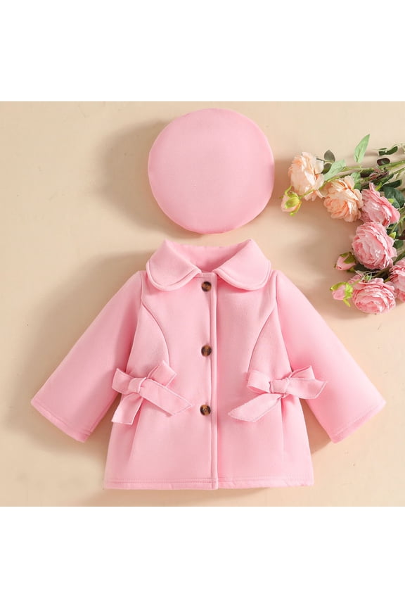 Kids Girl Pink Wool Polyester Blend Coat & Beret Hat Set - Warm Breathable Winter Outerwear with Peter Pan Collar, 6 Months-3 Years,Size 1-2T
